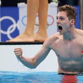 Duncan Scott reacts after winning the gold medal as part of Britain's men's 4x200m freestyle relay team at the Tokyo 2020 Olympic Games. Picture: Al Bello/Getty Images