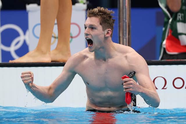 Duncan Scott reacts after winning the gold medal as part of Britain's men's 4x200m freestyle relay team at the Tokyo 2020 Olympic Games. Picture: Al Bello/Getty Images