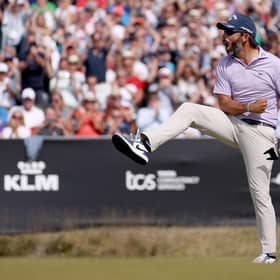 Spaniard Pablo Larrazabal celebrates in style after winning the KLM Open on Sunday at Bernardus Golf in the Netherlands. Picture: Dean Mouhtaropoulos/Getty Images.