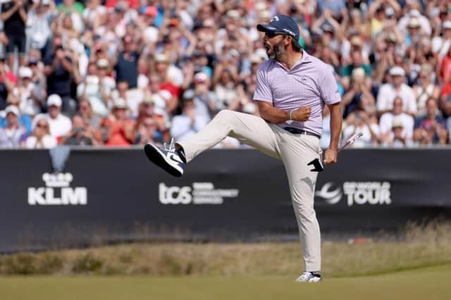 Spaniard Pablo Larrazabal celebrates in style after winning the KLM Open on Sunday at Bernardus Golf in the Netherlands. Picture: Dean Mouhtaropoulos/Getty Images.