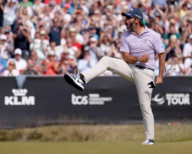 Spaniard Pablo Larrazabal celebrates in style after winning the KLM Open on Sunday at Bernardus Golf in the Netherlands. Picture: Dean Mouhtaropoulos/Getty Images.