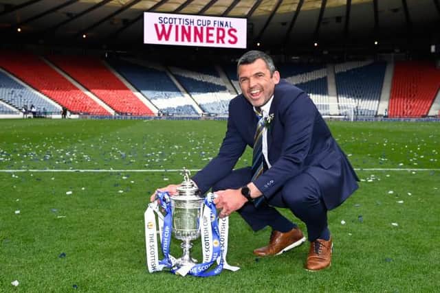 St Johnstone manager Callum Davidson with the Scottish Cup trophy during the Scottish Cup final match between Hibernian and St Johnstone at Hampden Park, on May 22, 2021, in Glasgow, Scotland. (Photo by Rob Casey / SNS Group)