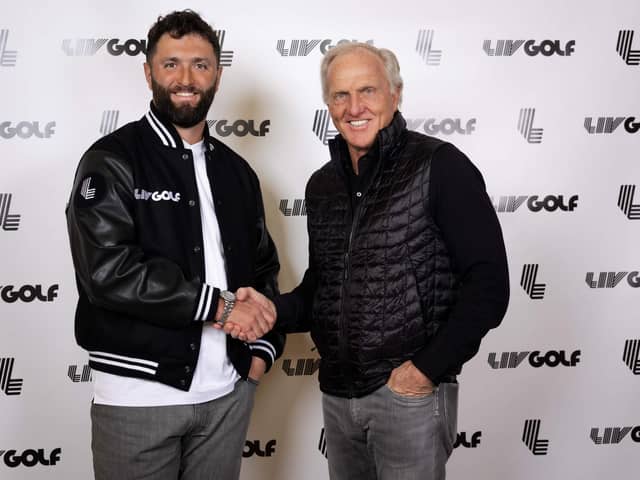 Two-time major winner Jon Rahm is welcome to LIV Golf by the circuit's CEO and commissioner Greg Norman. Picture: LIV Golf