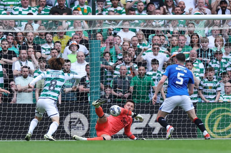 Where would Rangers be without this man? Their goalkeeper put in another exceptional performance. Blameless for both goals, he made two smart saves from his own player John Souttar and Kyogo Furuhashi and kept the visitors in the match by saving Matt O'Riley's penalty early in the second period. 8