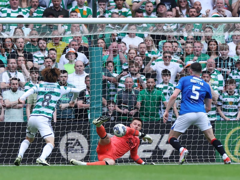 Where would Rangers be without this man? Their goalkeeper put in another exceptional performance. Blameless for both goals, he made two smart saves from his own player John Souttar and Kyogo Furuhashi and kept the visitors in the match by saving Matt O'Riley's penalty early in the second period. 8