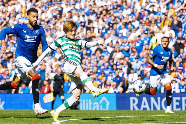 Celtic's Kyogo Furuhashi scores to make it 1-0 over Rangers at Ibrox Stadium. (Photo by Alan Harvey / SNS Group)