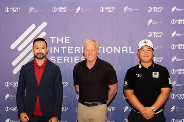 Greg Norman at the launch of The International Series flanked by Cho Minn Thant, the Asian Tour's Commissioner and CEO, and newly-crowned Asian Tour Order of Merit winner Joohyung Kim,. Picture: Neville Hopwood