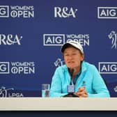 Catriona Matthew talks to the media during a press conference prior to the AIG Women's Open at Muirfield. Picture: Charlie Crowhurst/Getty Images.