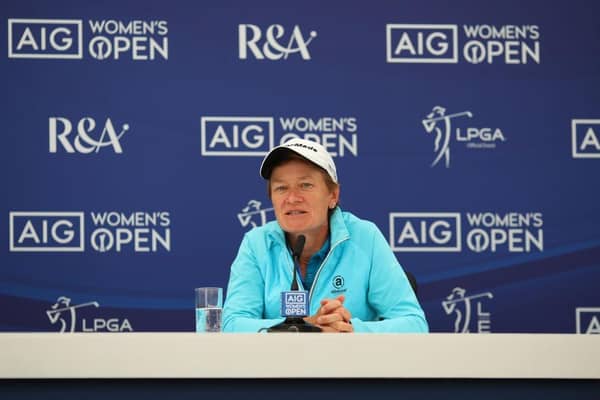 Catriona Matthew talks to the media during a press conference prior to the AIG Women's Open at Muirfield. Picture: Charlie Crowhurst/Getty Images.