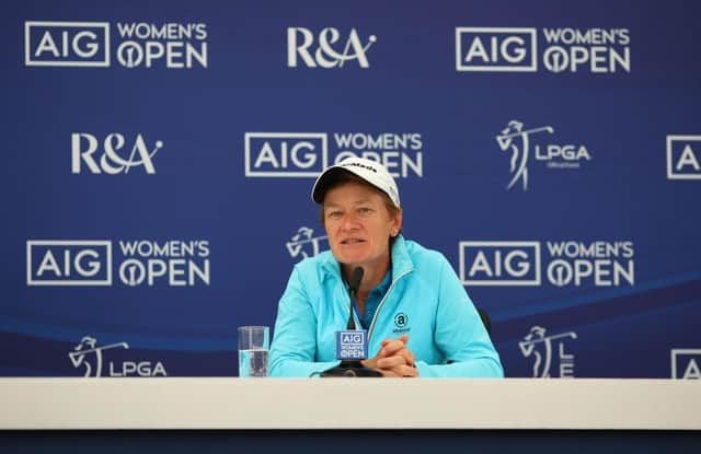 Catriona Matthew talks to the media during a press conference prior to the AIG Women's Open at Muirfield. Picture: Charlie Crowhurst/Getty Images.