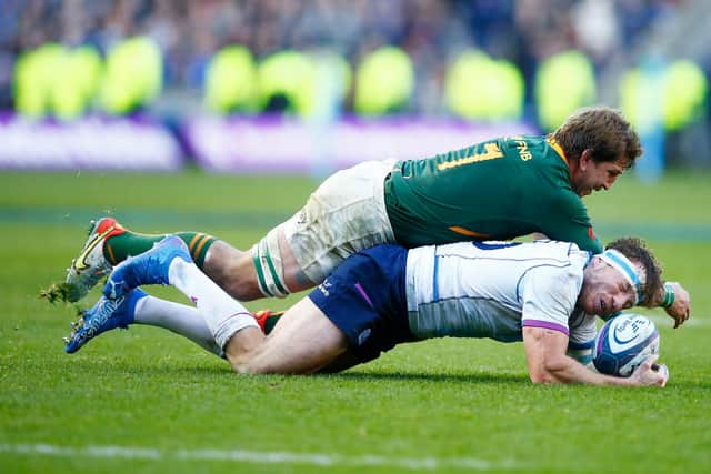 Scotland sub Hamish Watson is flattened by Kwagga Smith of South Africa. (Photo by Steve Haag/Gallo Images/Getty Images)