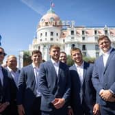 Scotland players Finn Russell, WP Nel, Rory Darge, Ollie Smith, Ewan Ashman, Matt Fagerson and Scott Cummings during the official welcome ceremony at Muséé Masséna in Nice.  (Photo by Shootpix/ABACA/Shutterstock)