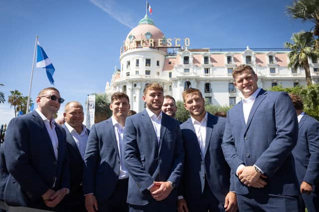 Scotland players Finn Russell, WP Nel, Rory Darge, Ollie Smith, Ewan Ashman, Matt Fagerson and Scott Cummings during the official welcome ceremony at Muséé Masséna in Nice. (Photo by Shootpix/ABACA/Shutterstock)