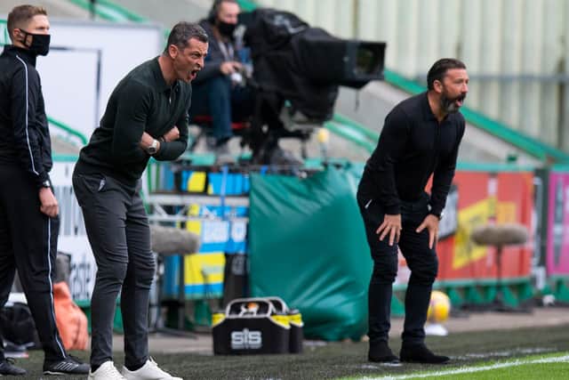 Hibs manager Jack Ross and former Aberdeen manager Derek McInnes during a league match between the sides at the start of last season. Photo by Ross Parker / SNS Group