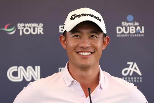 Collin Morikawa talks to the media ahead of this week's Slync.io Dubai Desert Classic at Emirates Golf Club. Picture: Luke Walker/Getty Images.