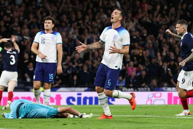 England's Harry Maguire scores an own goal to make it 2-1 during the 150th Anniversary Heritage Match against Scotland at Hampden Park. (Photo by Alan Harvey / SNS Group)