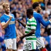 Rangers' Filip Helander (left) with Celtic's Ismaila Soro at full time on August 29, 2021 (Photo by Alan Harvey / SNS Group)