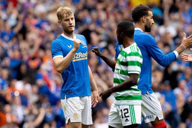 Rangers' Filip Helander (left) with Celtic's Ismaila Soro at full time on August 29, 2021 (Photo by Alan Harvey / SNS Group)