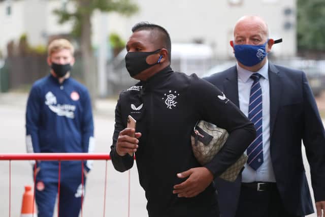 ABERDEEN, SCOTLAND - AUGUST 01: Alfredo Morelos of Rangers FC arrives at the stadium prior to the Ladbrokes Premiership match between Aberdeen and Rangers at Pittodrie Stadium on August 01, 2020 in Aberdeen, Scotland. Football Stadiums around Europe remain empty due to the Coronavirus Pandemic as Government social distancing laws prohibit fans inside venues resulting in all fixtures being played behind closed doors. (Photo by Andrew Milligan/Pool via Getty Images)