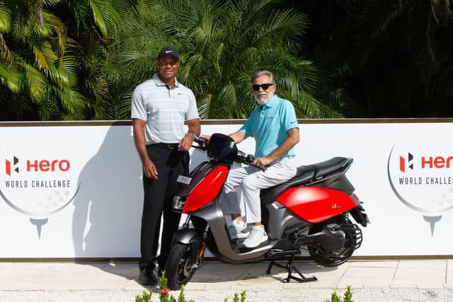 Hero World Challenge host Tiger Woods and Dr Pawan Munjal, the chairman, managing director and CEO of Hero MotoCorp, pictured at Albany in the Bahamas. Picture: Hero MotoCorp