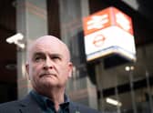 RMT general secretary, Mick Lynch, on a picket line outside Euston station in London. Picture: PA