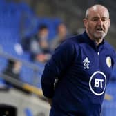Scotland's coach Steve Clarke speaks to his players during the UEFA Nations League B Group 2 match against Israel at the Netanya Municipal Stadium on November 18, 2020.(Photo by JACK GUEZ/AFP via Getty Images)