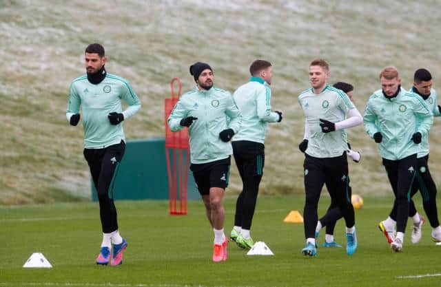 Nir Bitton and Albian Ajeti during a Celtic training session at Lennoxtown, on February 11, 2022, in Glasgow, Scotland. (Photo by Craig Foy / SNS Group)