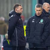 Hibs manager Nick Montgomery looks dejected during the 2-0 defeat by Rangers.