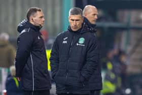 Hibs manager Nick Montgomery looks dejected during the 2-0 defeat by Rangers.