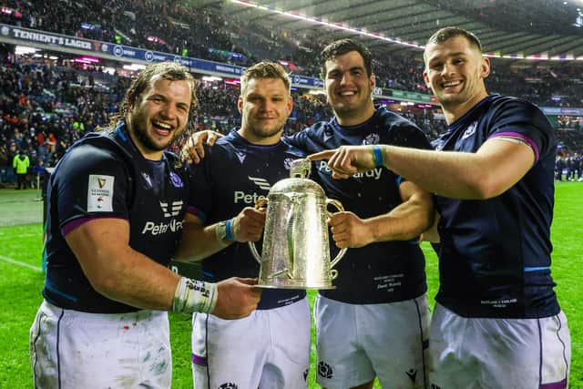 Magnus Bradbury, right, re-established himself in the Scotland set-up this season and is pictured celebrating the Calcutta Cup win in February. (Photo by Craig Williamson / SNS Group)