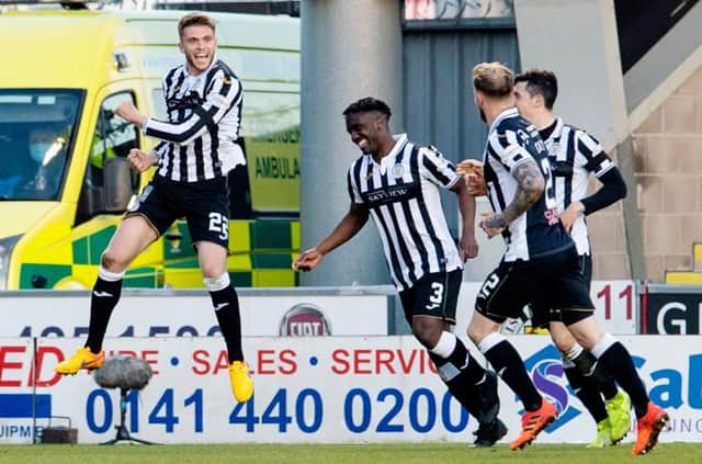Marcus Fraser (left) leaps in celebration after scoring in St Mirren's Scottish Cup win against Inverness Caledonian Thistle in April. (Photo by Ross Parker / SNS Group)