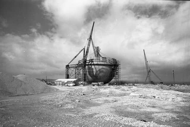 The reactor at Dounreay - known locally as the 'golf ball' -  under construction. PIC: Caithness Archives Collection.