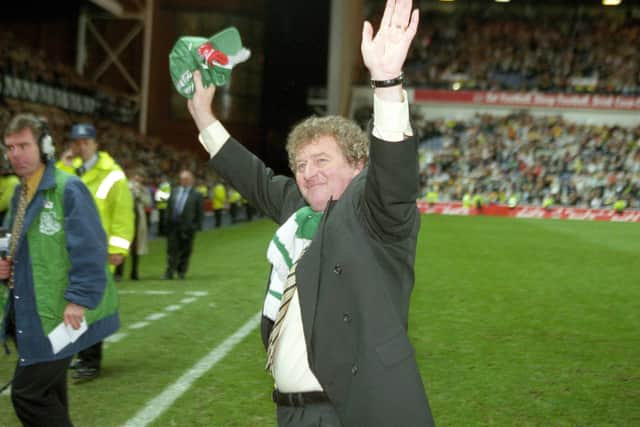 Celtic head coach Wim Jansen celebrates his side's Coca Cola Cup final win over Dundee Utd in 1997.