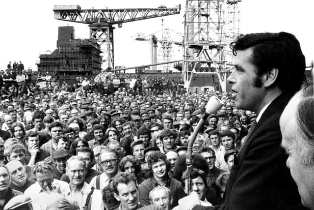 Jimmy Reid addresses a mass meeting of the Upper Clyde Shipyards workforce at Clydebank in July 1971 (Picture: Allan Milligan)