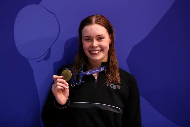 Katie Shanahan poses with her gold medal after finishing first in the Women 200m IM - Final at the 2023 British Swimming Championships. (Photo by George Wood/Getty Images)