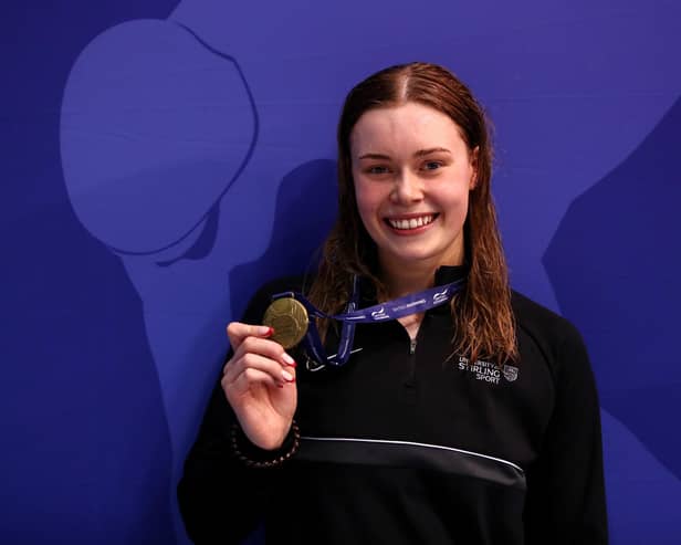 Katie Shanahan poses with her gold medal after finishing first in the Women 200m IM - Final at the 2023 British Swimming Championships. (Photo by George Wood/Getty Images)