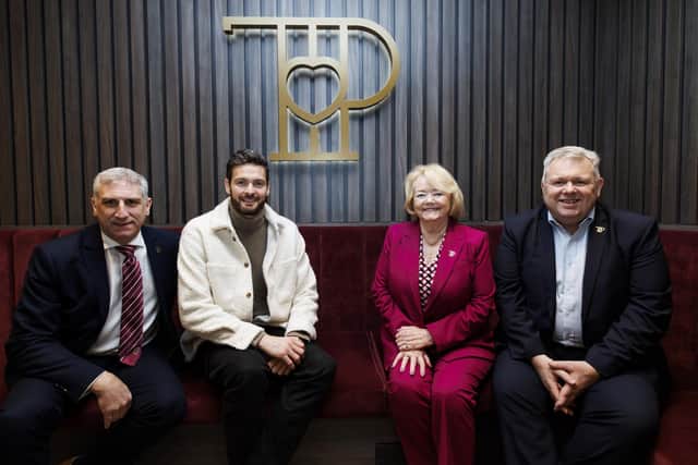 From left to right, head of hospitality and catering operations Graeme Pacitti, Gordon, Hearts chairman Ann Budge and Hearts chief executive Andrew McKinlay.