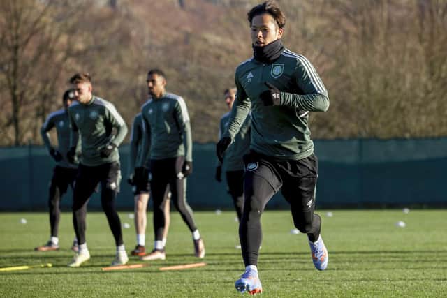 Tomoki Iwata trains for Celtic ahead of Saturday's Viaplay Cup semi-final against Kilmarnock.
