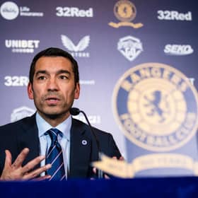 New Rangers Manager Giovanni van Bronckhorst speaks to the media in the Blue Room at Ibrox Stadium. (Photo by Kirk O'Rourke).