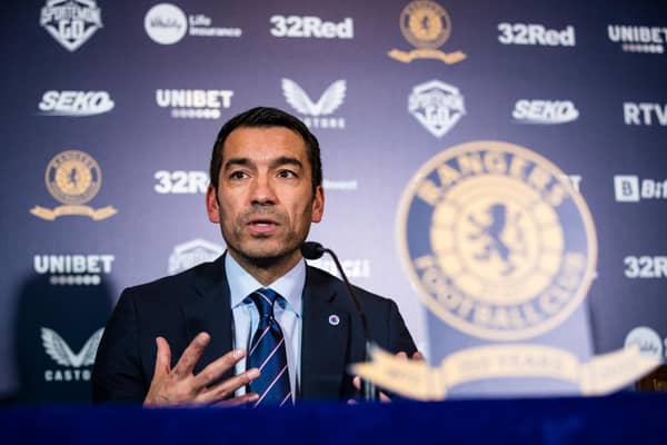 New Rangers Manager Giovanni van Bronckhorst speaks to the media in the Blue Room at Ibrox Stadium. (Photo by Kirk O'Rourke).