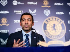 New Rangers Manager Giovanni van Bronckhorst speaks to the media in the Blue Room at Ibrox Stadium. (Photo by Kirk O'Rourke).