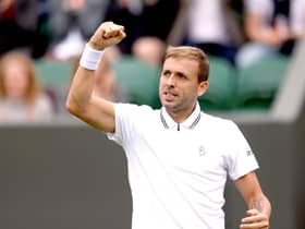 Dan Evans celebrates after winning his gentlemen's singles match against Feliciano Lopez on court 2 on day two of Wimbledon. Picture: Steven Paston/PA Wire