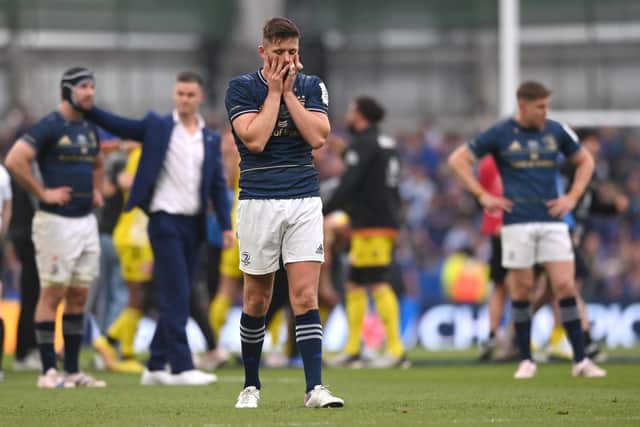 Leinster's Ross Byrne reacts on the final whistle after losing the Champions Cup final to La Rochelle last year. (Photo by Stu Forster/Getty Images)