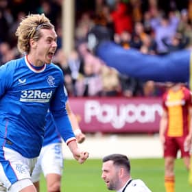 Todd Cantwell celebrates scoring for Rangers against Motherwell at Fir Park.
