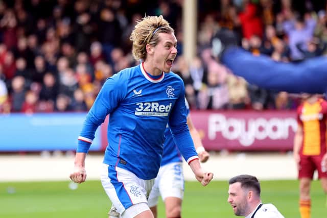 Todd Cantwell celebrates scoring for Rangers against Motherwell at Fir Park.