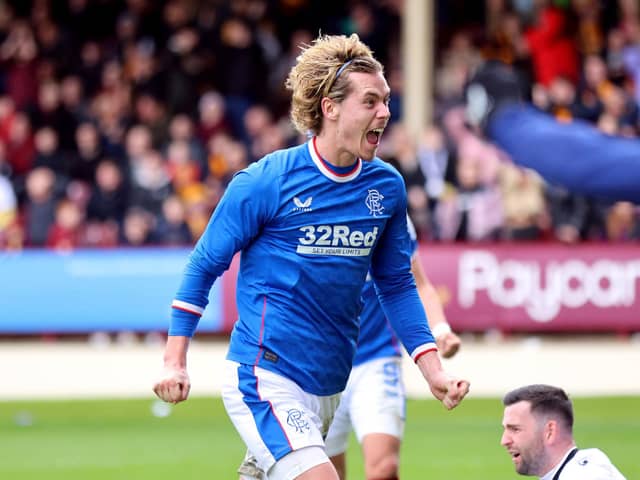 Todd Cantwell celebrates scoring for Rangers against Motherwell at Fir Park.