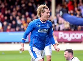 Todd Cantwell celebrates scoring for Rangers against Motherwell at Fir Park.