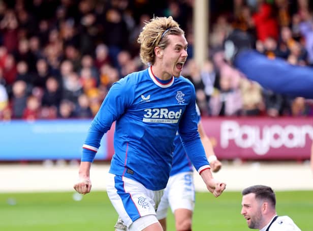 Todd Cantwell celebrates scoring for Rangers against Motherwell at Fir Park.