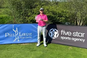 Calum Fyfe shows off the trophy after winning the Scottish Par 3 Championship presented by Five Star Sports Agency. Picture: Five Star Sports Agency