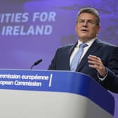 European Commissioner for Inter-institutional Relations and Foresight Maros Sefcovic speaks during a media conference regarding trade and Northern Ireland at EU headquarters in Brussels